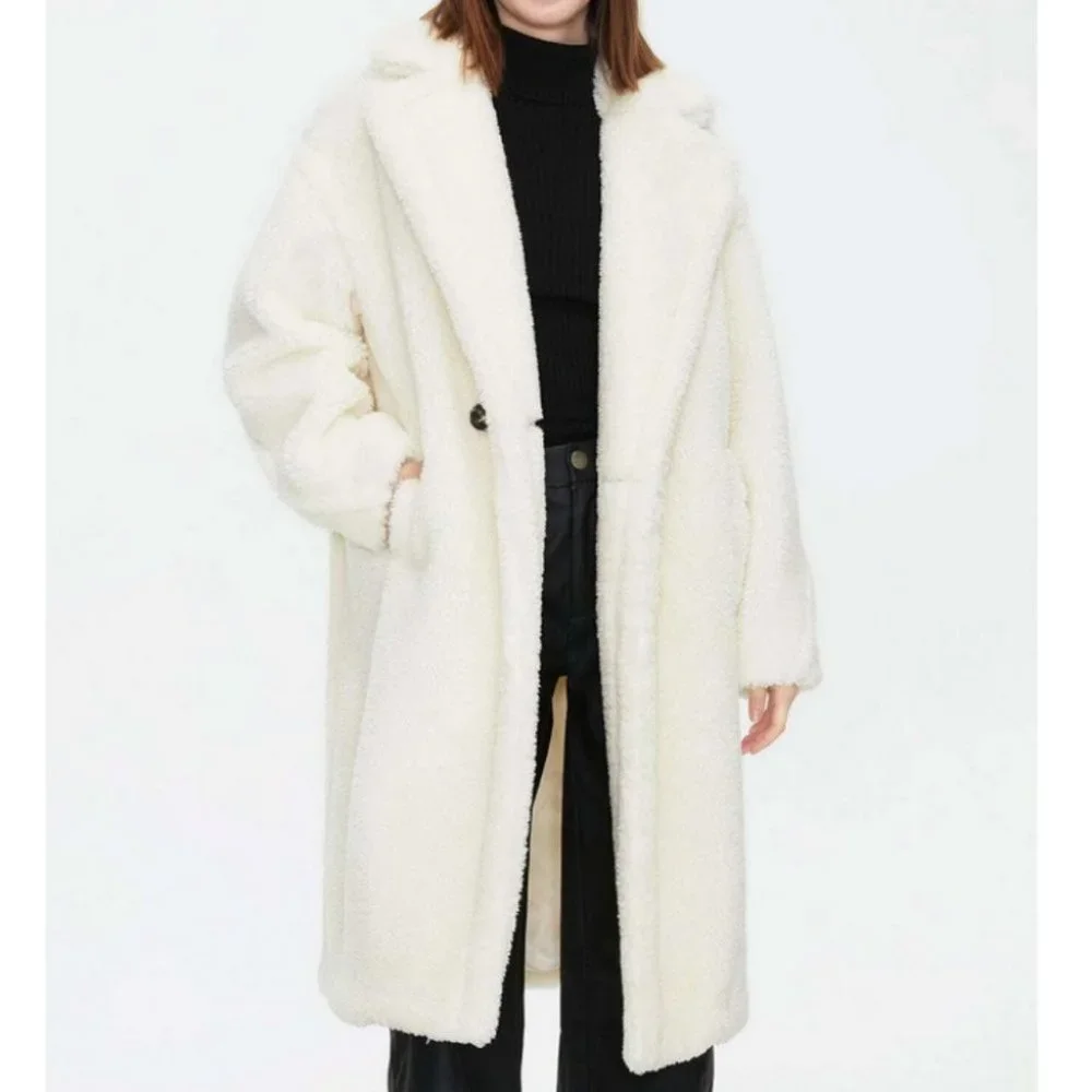 Cream Faux fur oversized button front pocket Teddy Coat - Picture 10 of 11